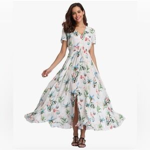 Boho flowy maxi dress flamingos palm trees 2X